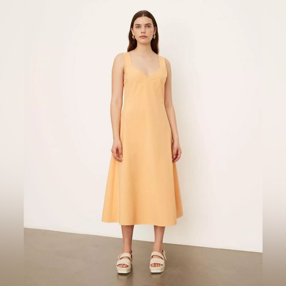 Vince V-Neck Slip Dress with Flowy Back Draping Midi in Tangerine Orange